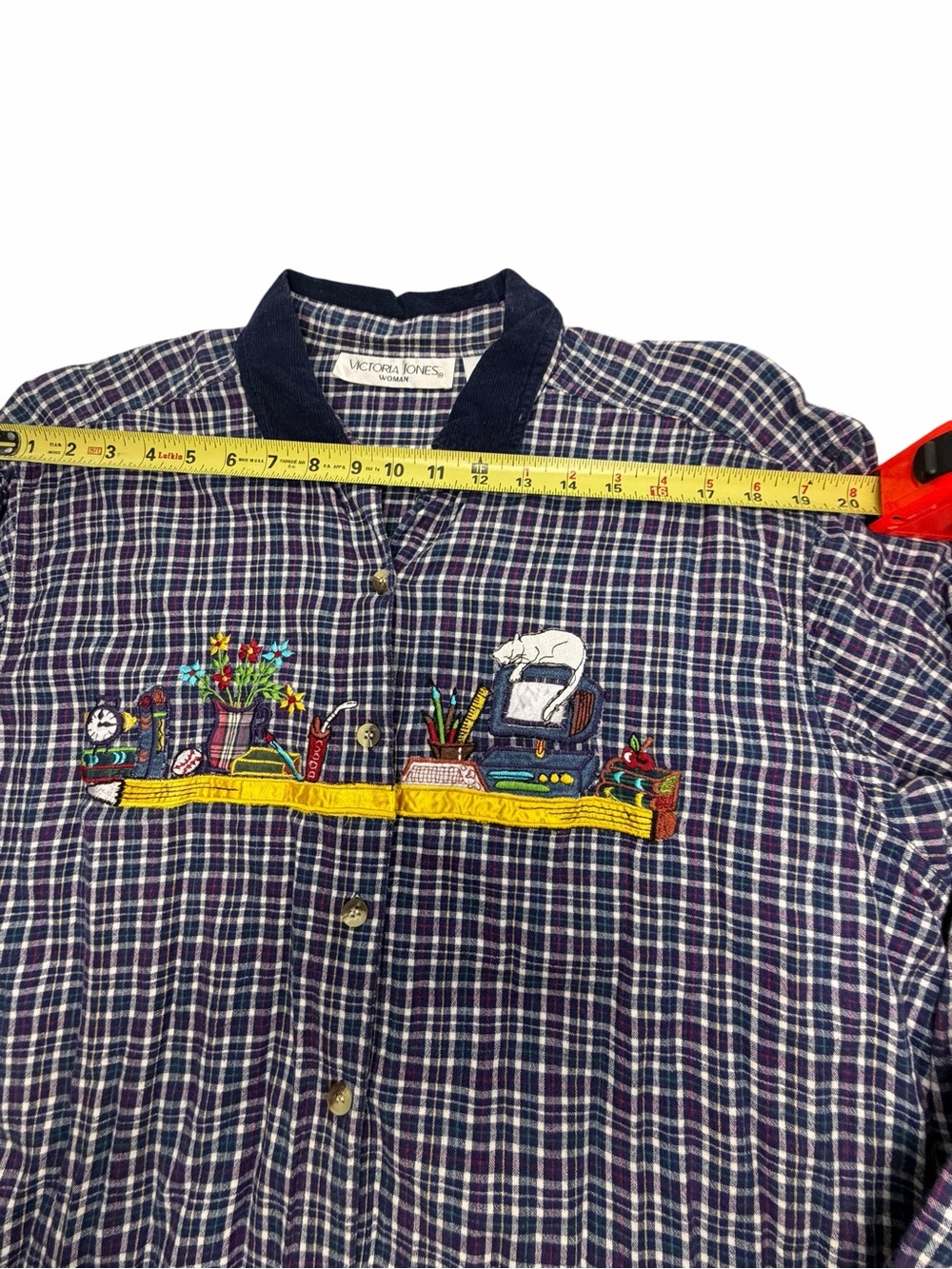 Vintage Victoria Jones Woman 20W Plaid Button Front Shirt Teacher Books Cat - Picture 8 of 13